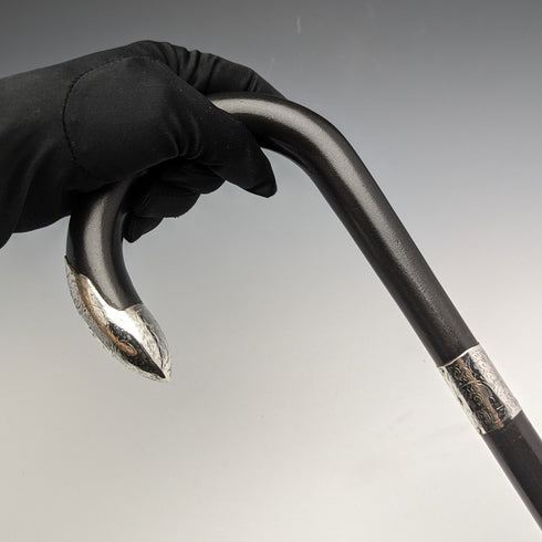 1923 British antique gentleman's cane black shaft pure silver decorative handle 93cm